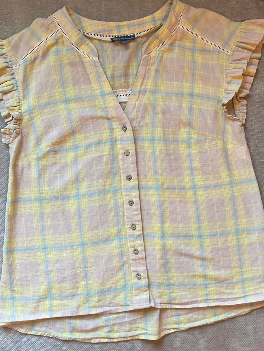 Democracy Pastel Plaid Split-Neck Top in Yellow and Blue